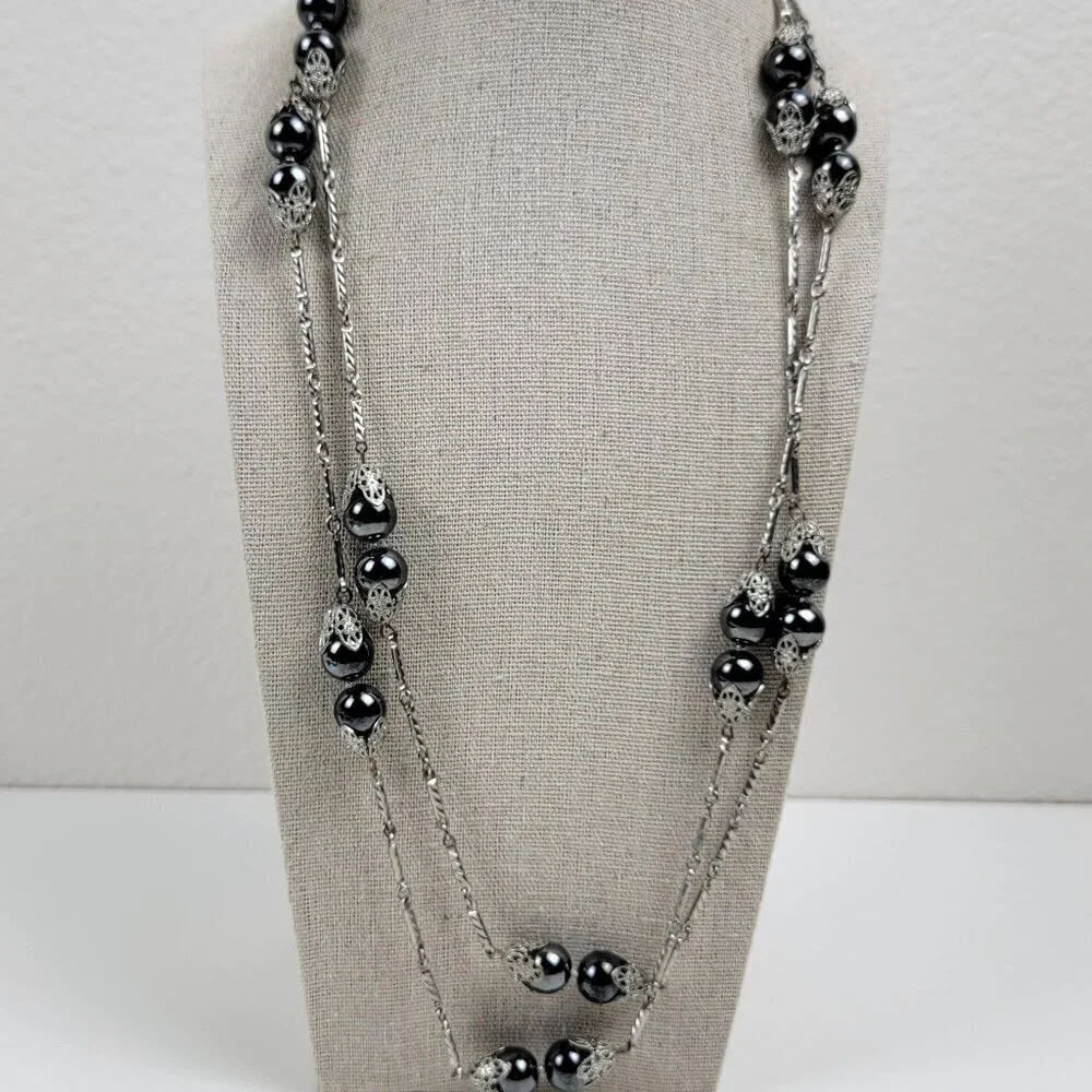 Vtg. Lisa Gray Hematite Long Strand Station Necklace 53 Inch Silver-Tone Opera